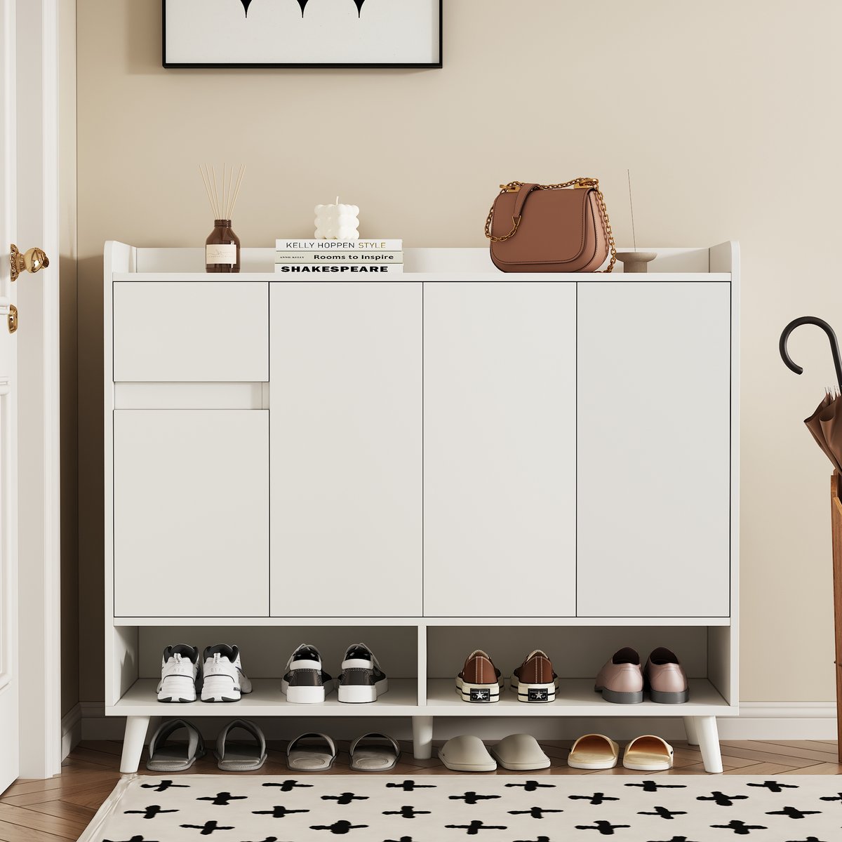 Meuble à chaussures 4 portes 1 tiroir et 2 niche, MELVINE blanc, MEUBLES COSY