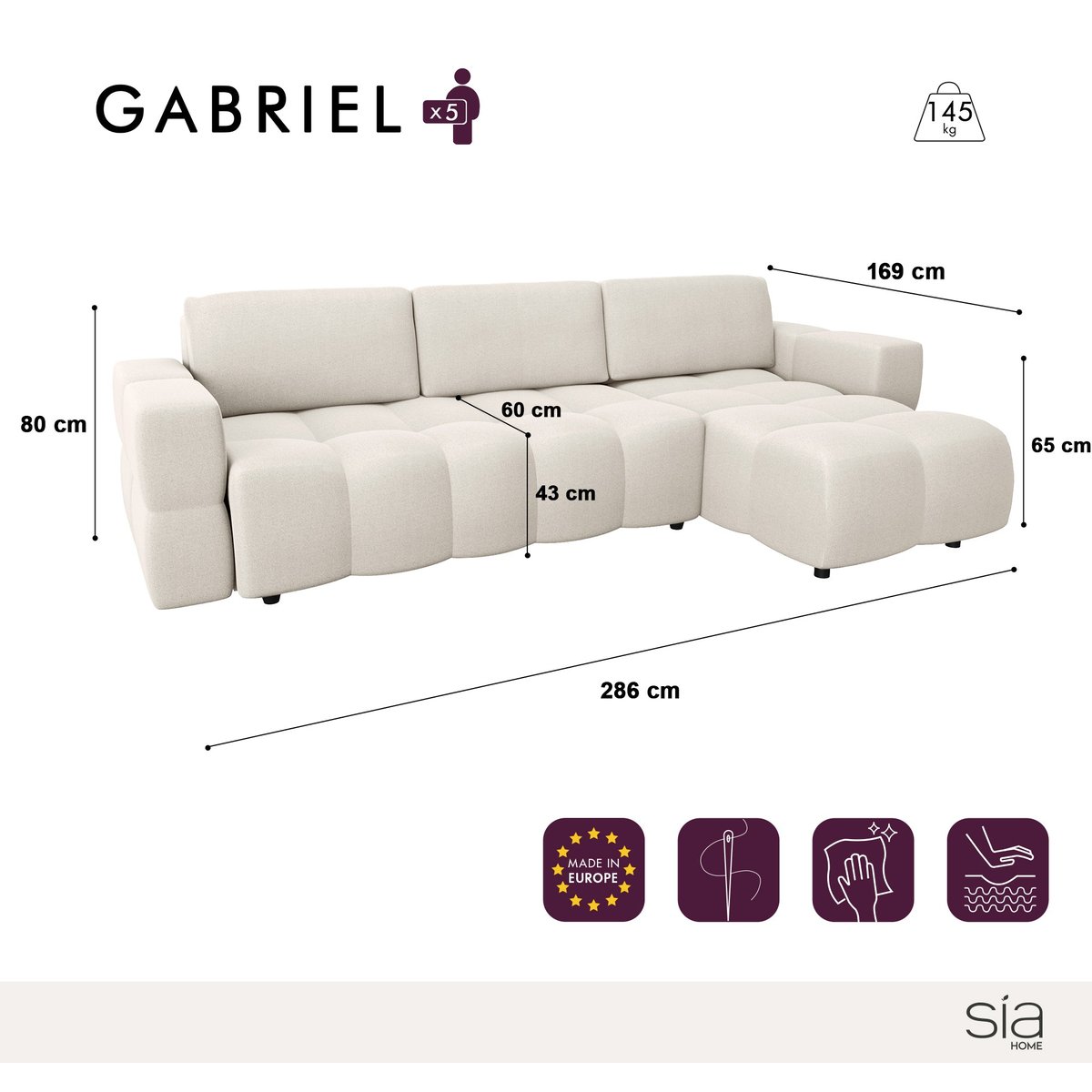 Canapé d'angle droit convertible 5 places en tissu tramé GABRIEL crème, SIA HOME