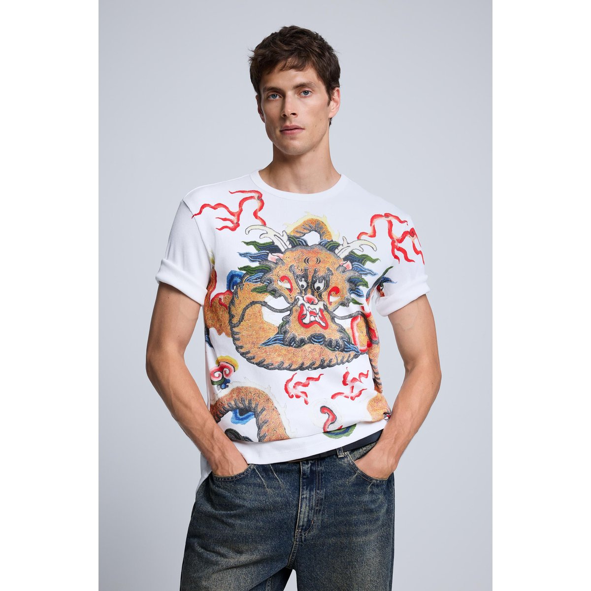 T-shirt à imprimé dragon blanc, DESIGUAL