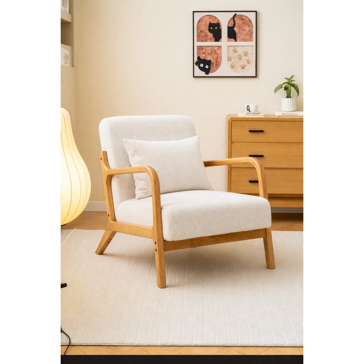 Fauteuil de salon en bois massif, OHAMA blanc cassé, NORDLYS