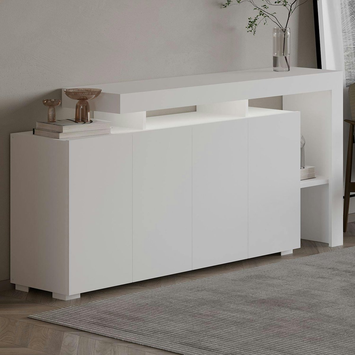 Buffet asymétrique 4 portes, éclairage LED AURA blanc, PIER IMPORT