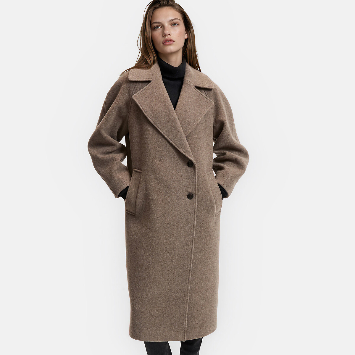 Manteau long fermeture asymétrique, laine mélangée marron taupe, LA REDOUTE COLLECTIONS