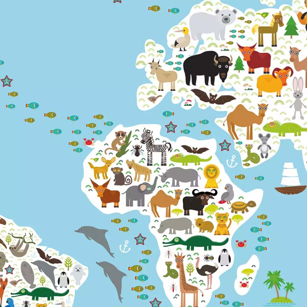 Papier peint enfant le monde des animaux intissé, HEXOA