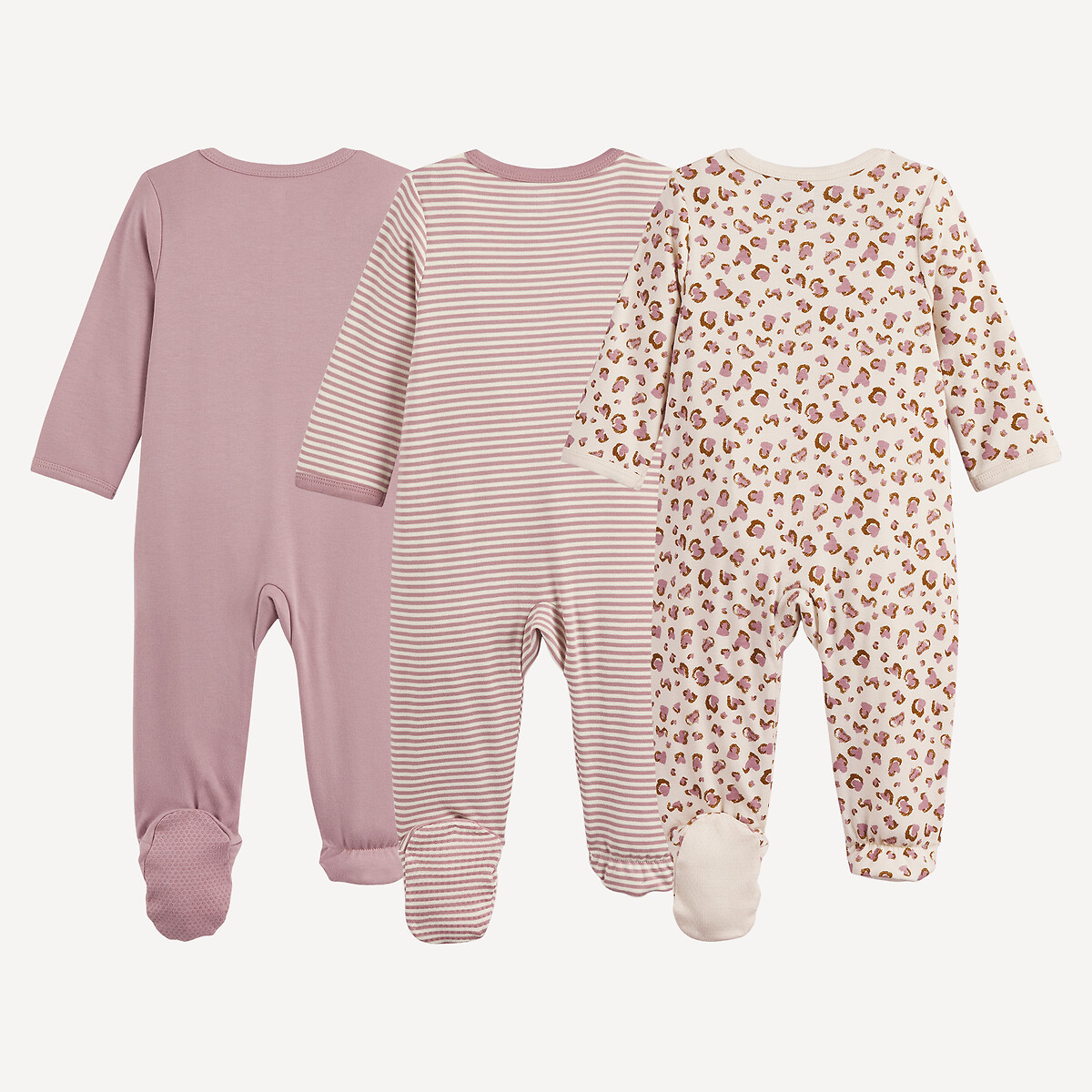 Lot de 3 pyjamas 1 pièce, en coton, motif léopard et à rayures rose + rayé + imp écru, LA REDOUTE COLLECTIONS