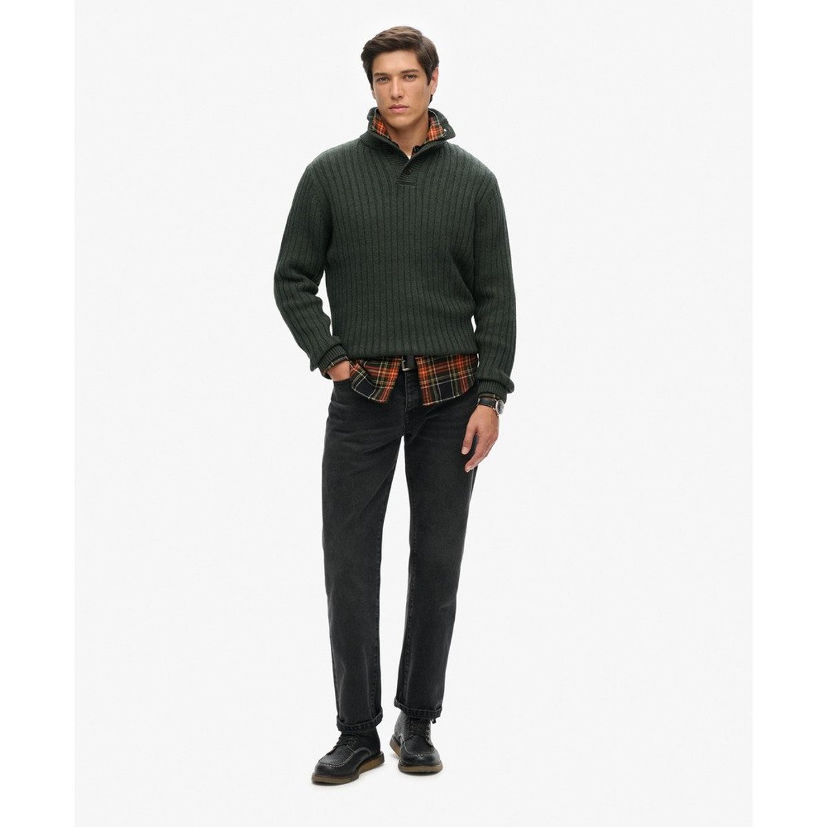Pull côtelé à col tunisien olive twist, SUPERDRY