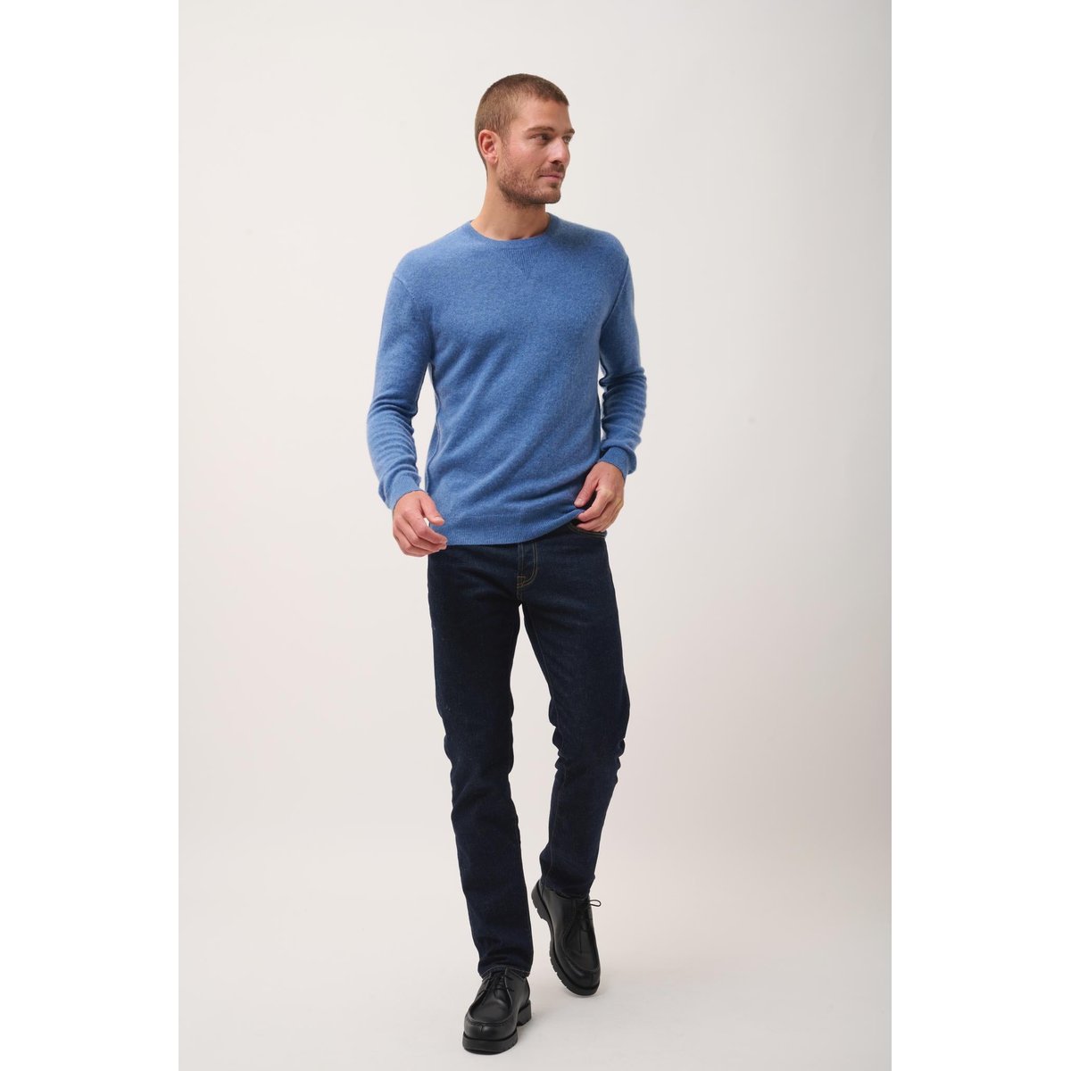 Pull Col Rond Bleu Denim Noe bleu denim, JUST CASHMERE