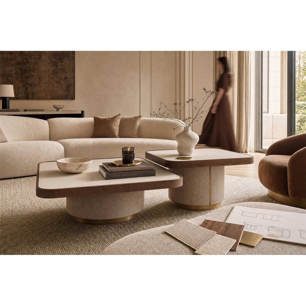 Table basse gigogne lot de 2, Plateau verre beige et bois brun, RECOLLECTION