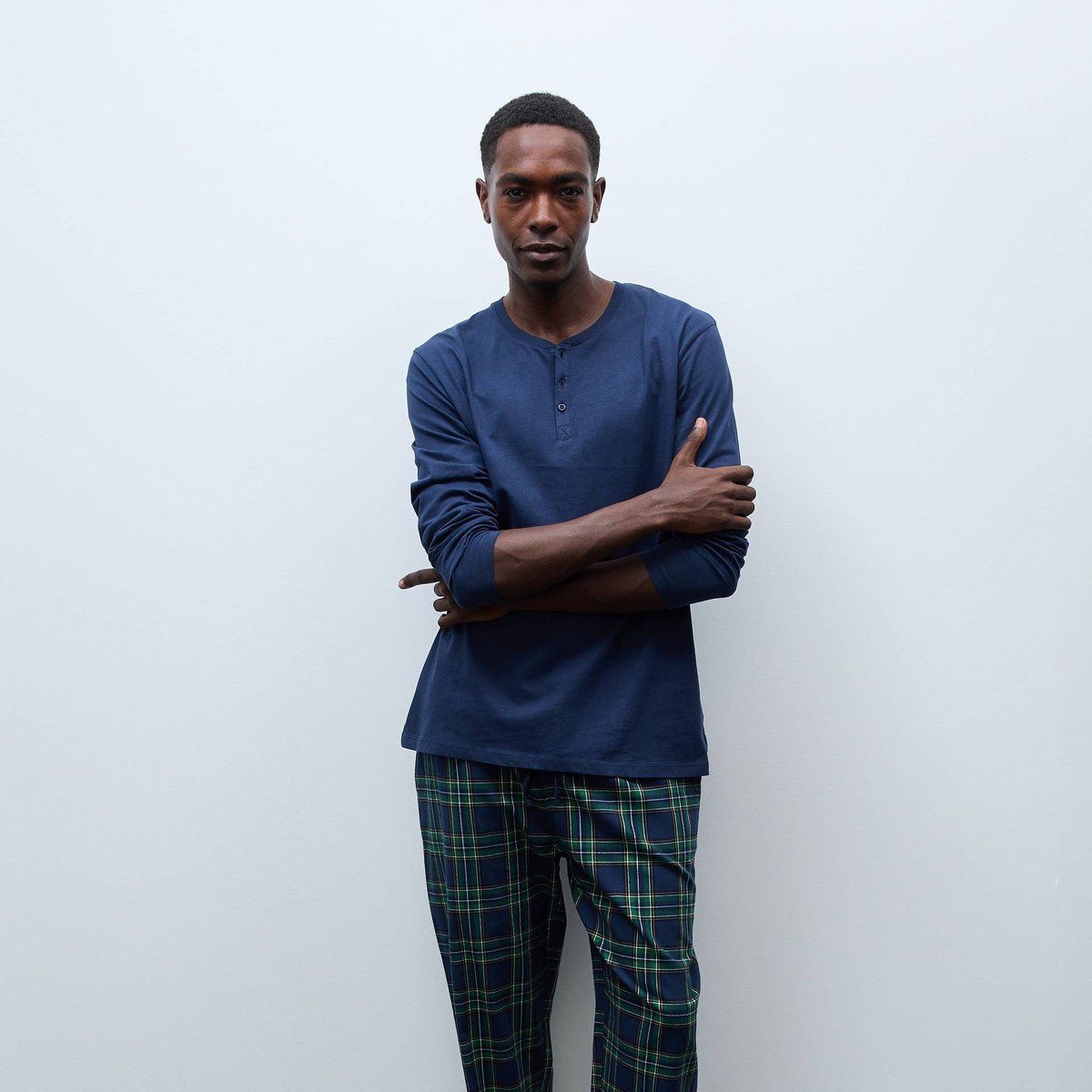 Pyjama manches longues en jersey et pantalon en flanelle en coton marine, MONOPRIX