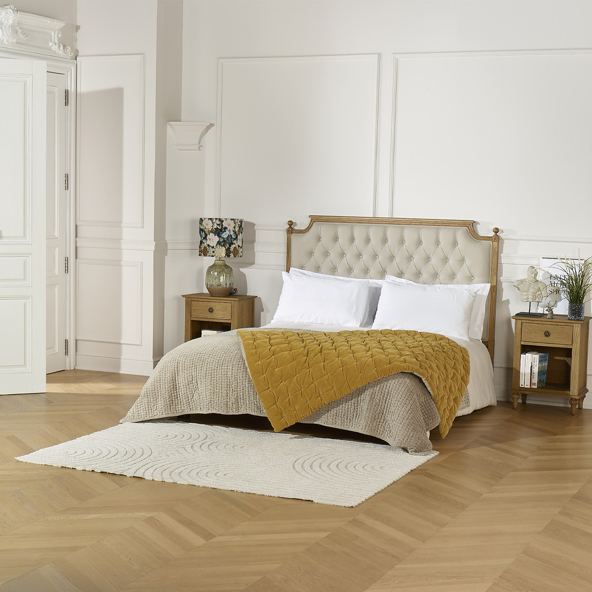 Tête de lit 160 cm style shabby chic en chêne et lin VENICE ficelle, ROBIN DES BOIS
