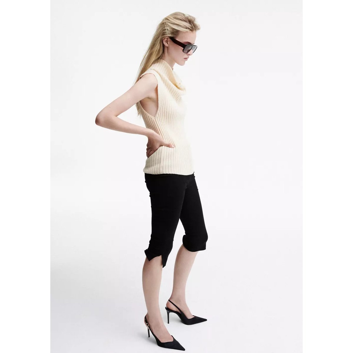 Gilet maille côtelée col montant écru, MANGO