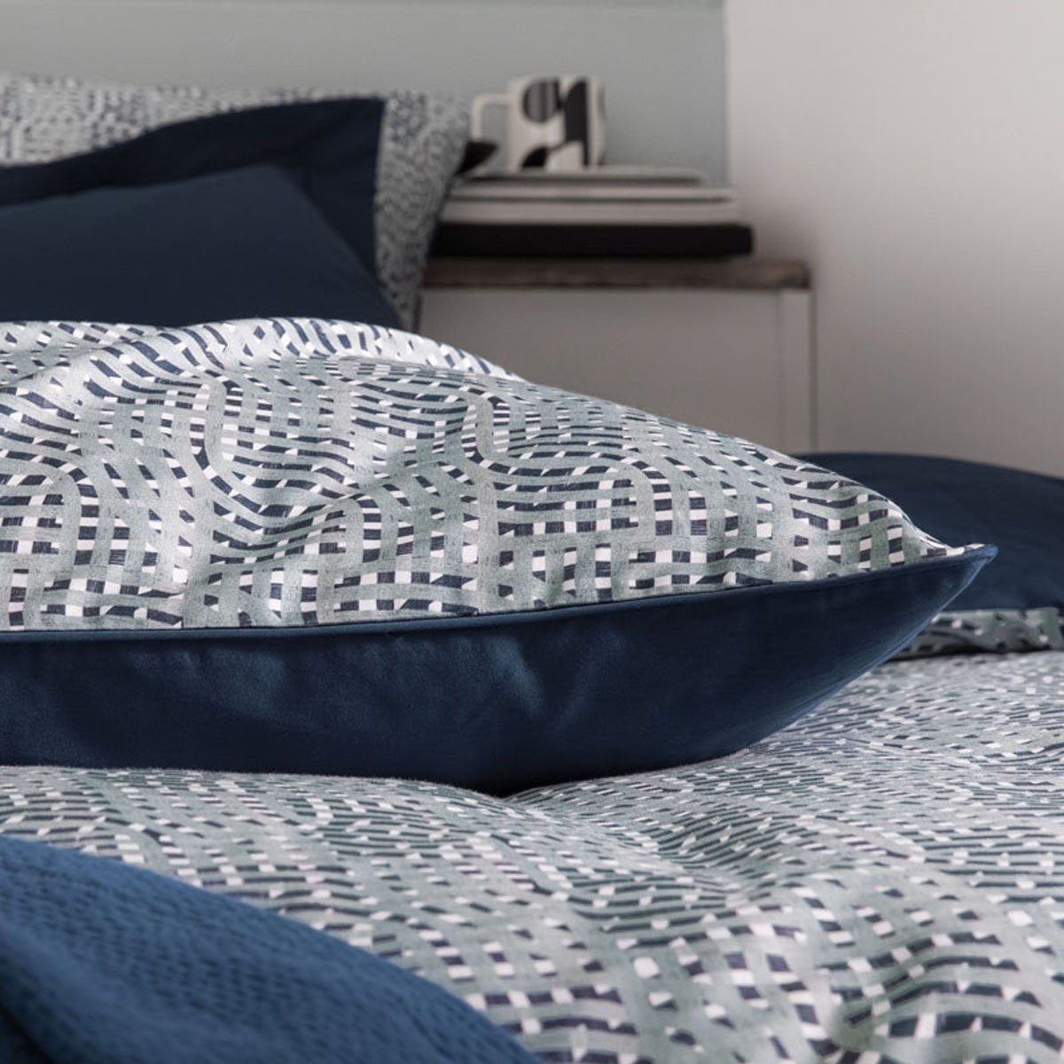 Parure de lit imprimée en satin de coton, taies rectangles, UTOPIA bleu, ESSIX
