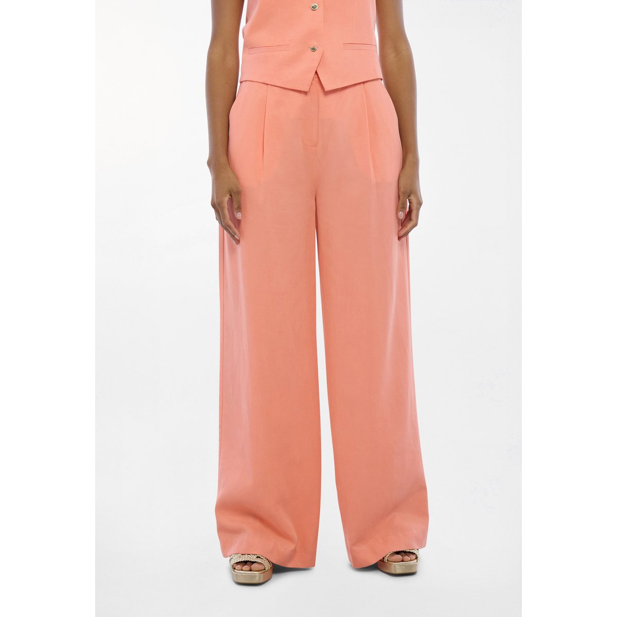 Pantalon palazzo à plis en lin mélangé corail, LOLA CASADEMUNT