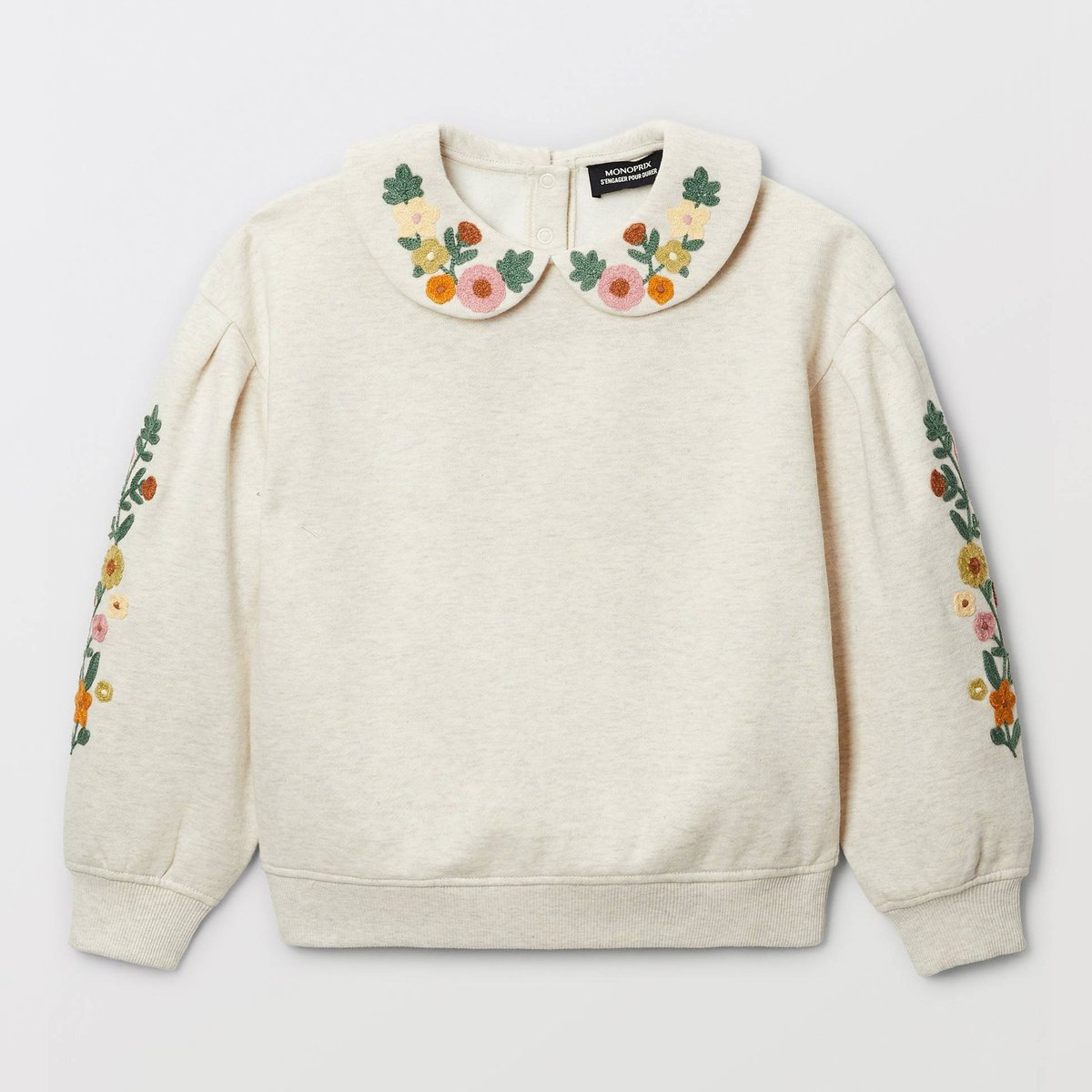 Sweat col claudine brodé beige clair melange, MONOPRIX