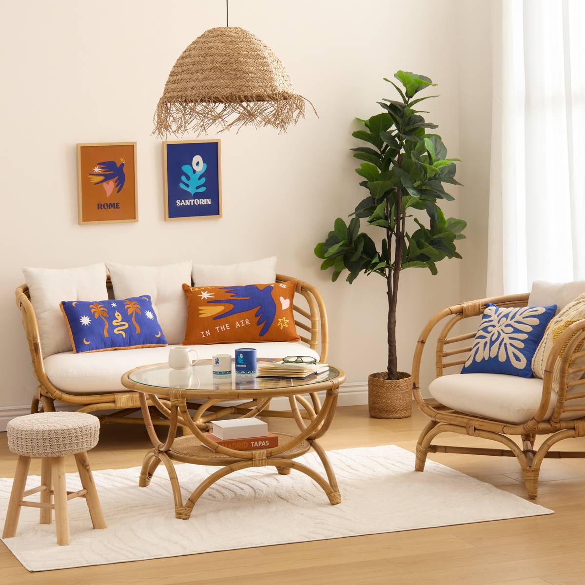Coussin en coton brodé LIBERTAD bleu indigo, ATMOSPHERA