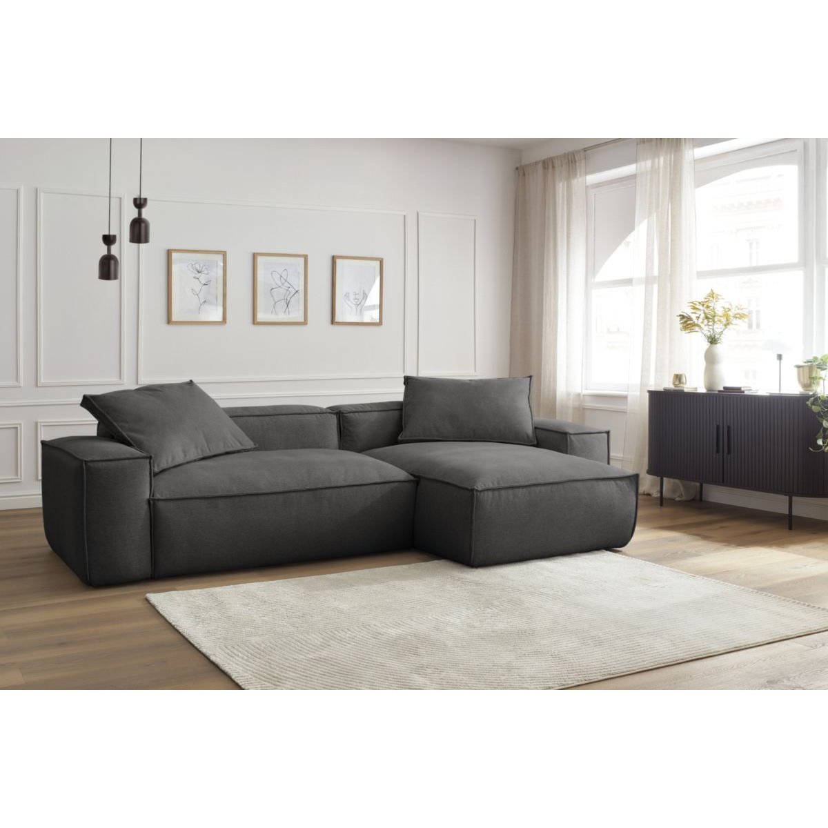 Canapé d'angle fixe 3 places en tissu chiné, BOHEME gris foncé, BOBOCHIC