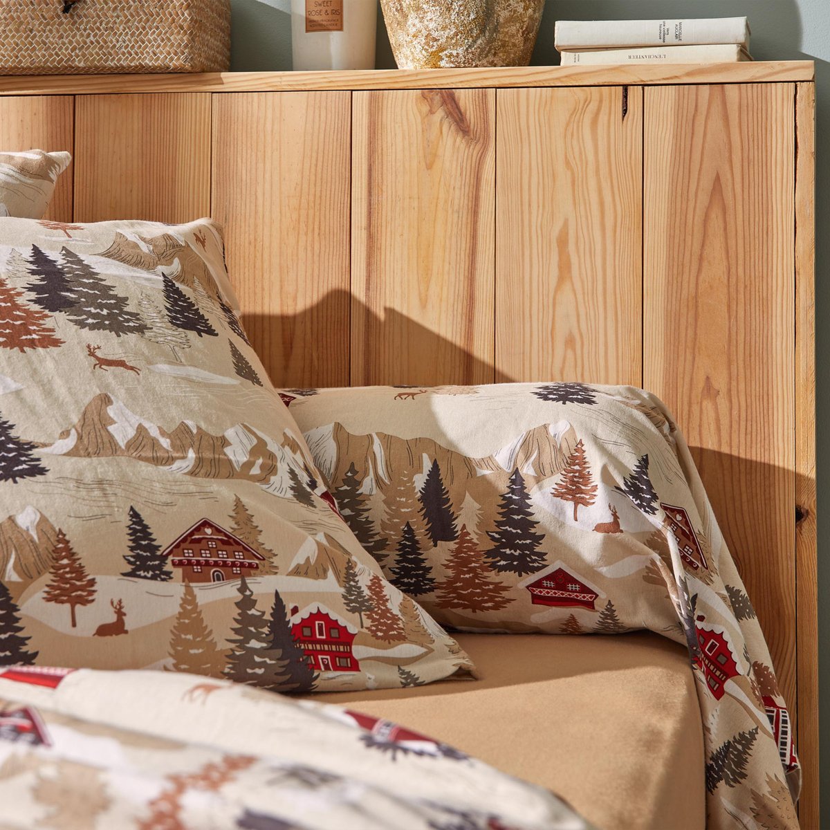Parure de lit 3 pièces flanelle de coton montagne housse + taies beige, TRADILINGE