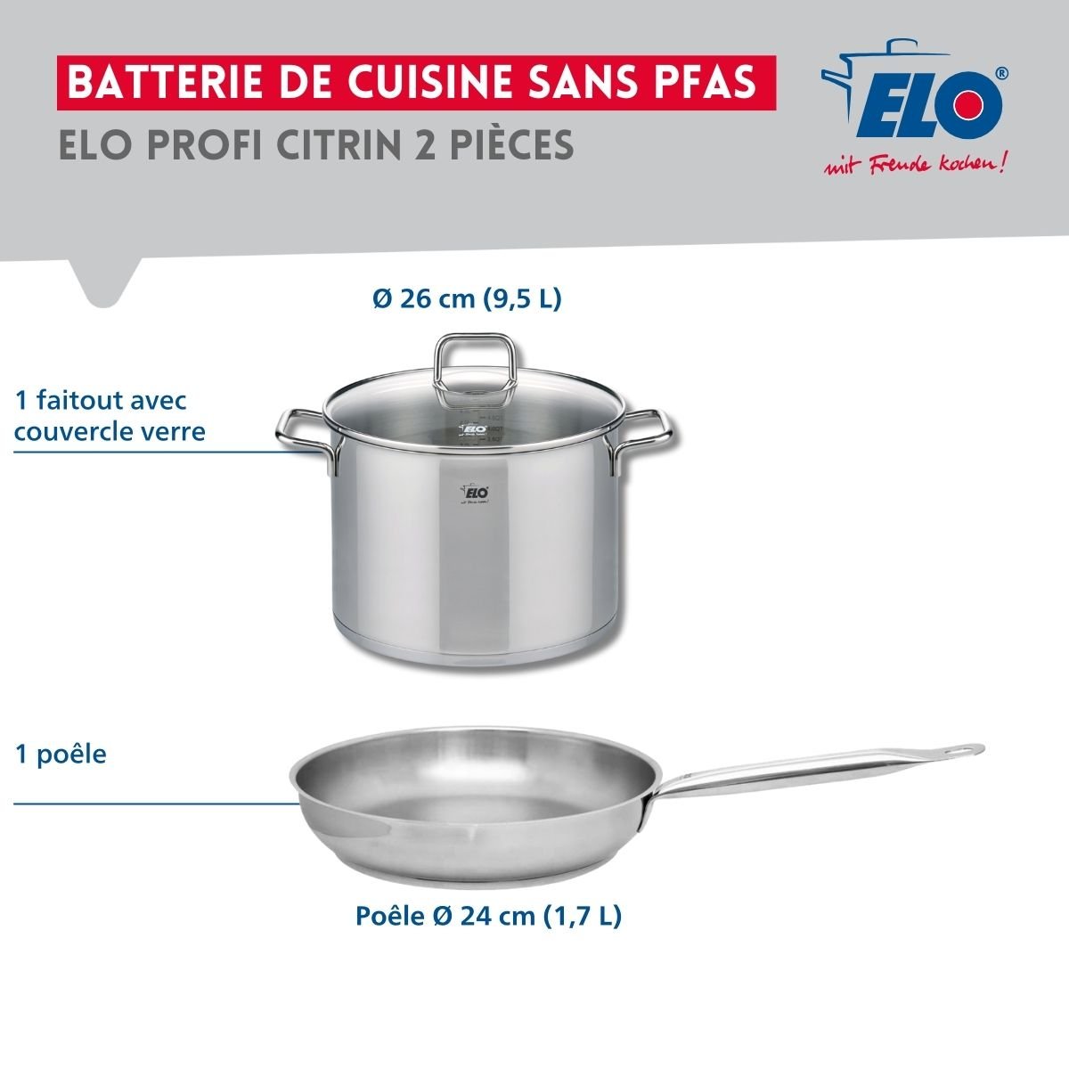 Batterie de cuisine 1 poêle 24cm + 1 faitout 26cm PROFI CITRIN gris, ELO