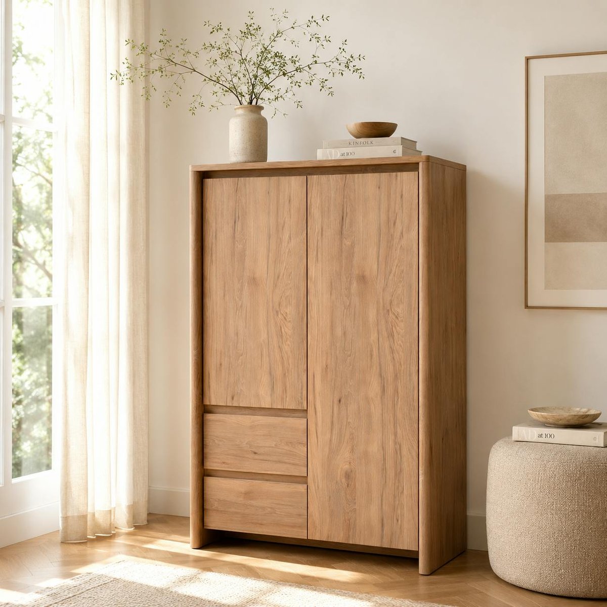 Buffet haut effet bois 2 portes 2 tiroirs ALVA bois naturel, PIER IMPORT