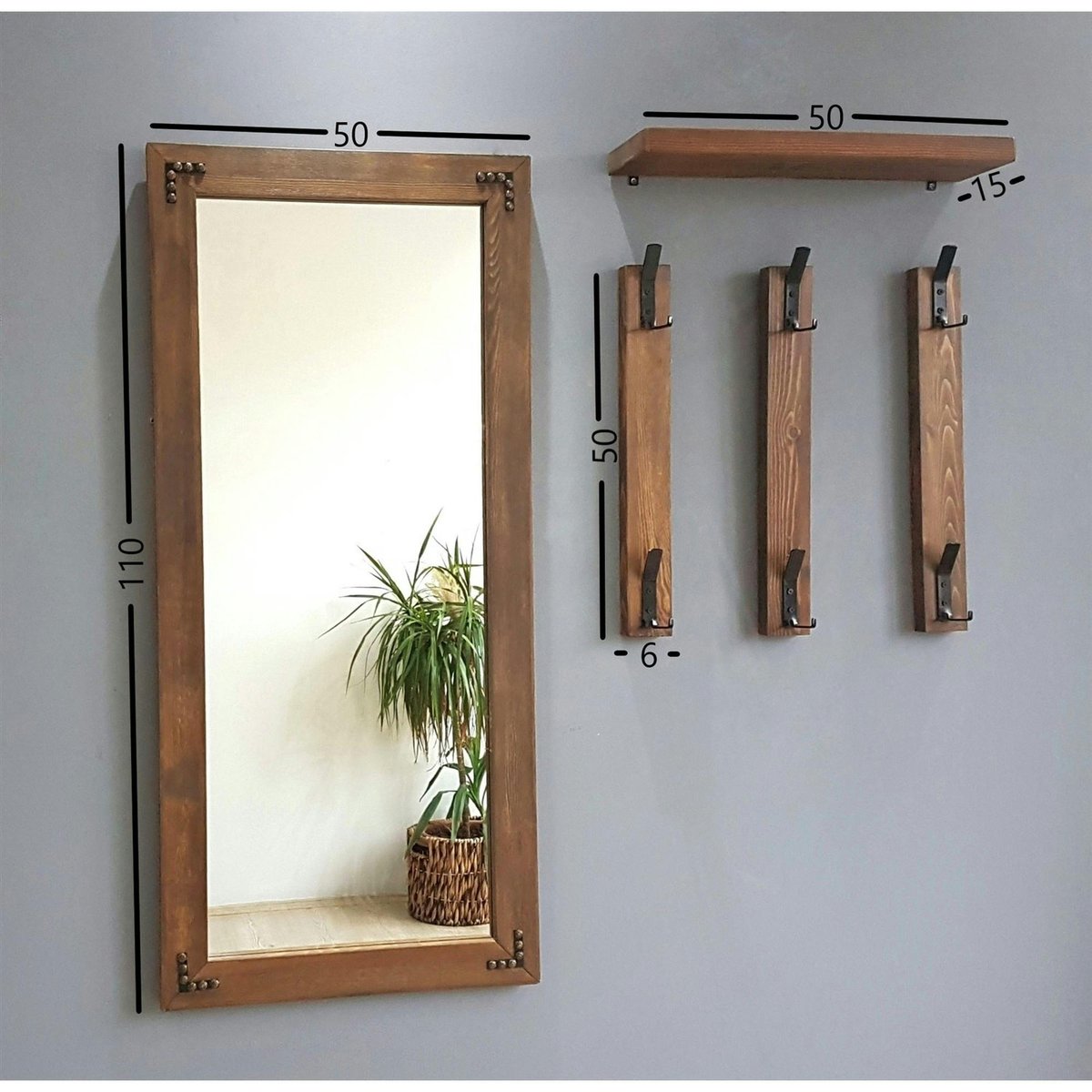 Vestiaire mural - 1 miroir, 3 portemanteaux, 1 étagère HILO bois naturel, PIER IMPORT
