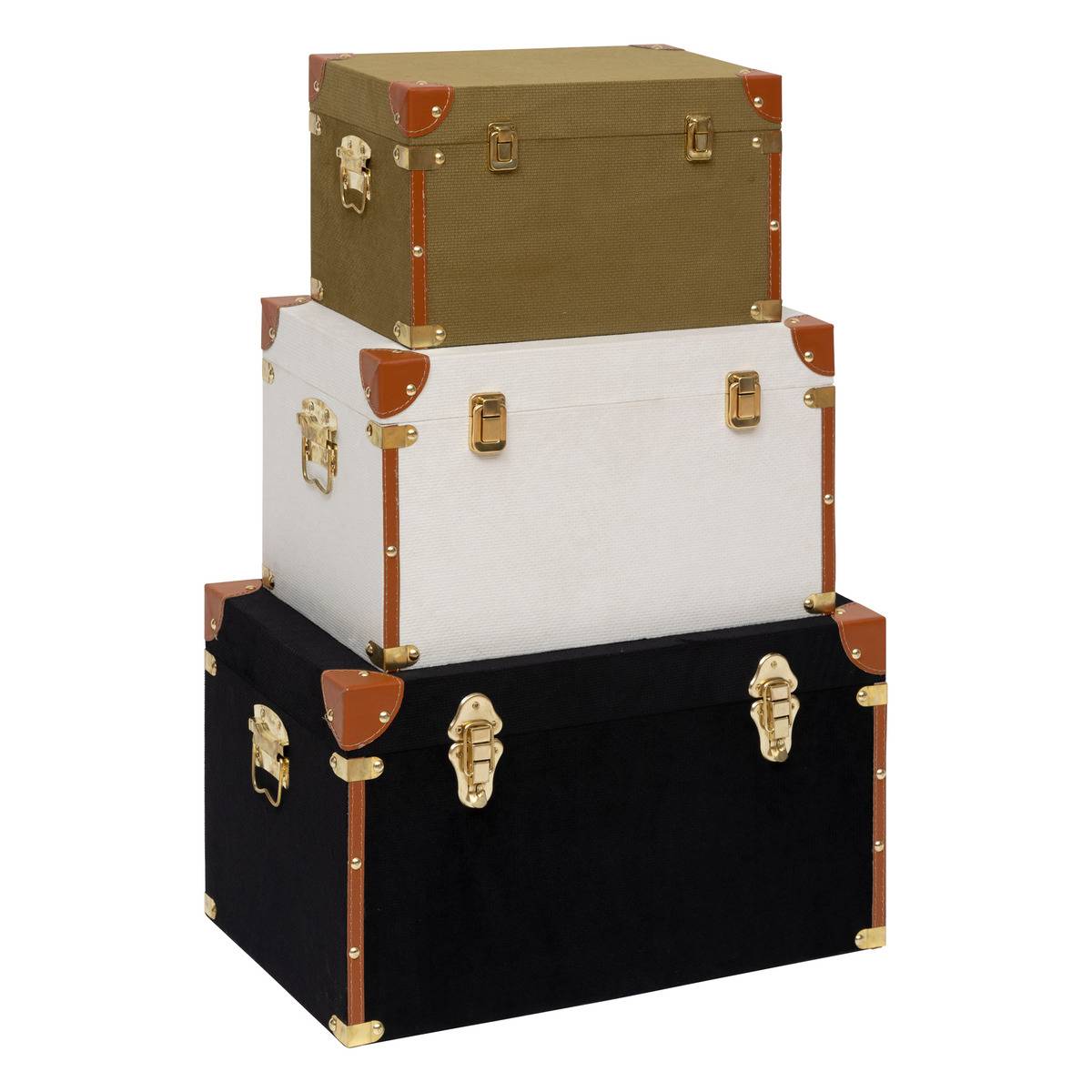 Lot de 3 malles de rangement vintage en bois tendu lin TWIS multicolore, ATMOSPHERA