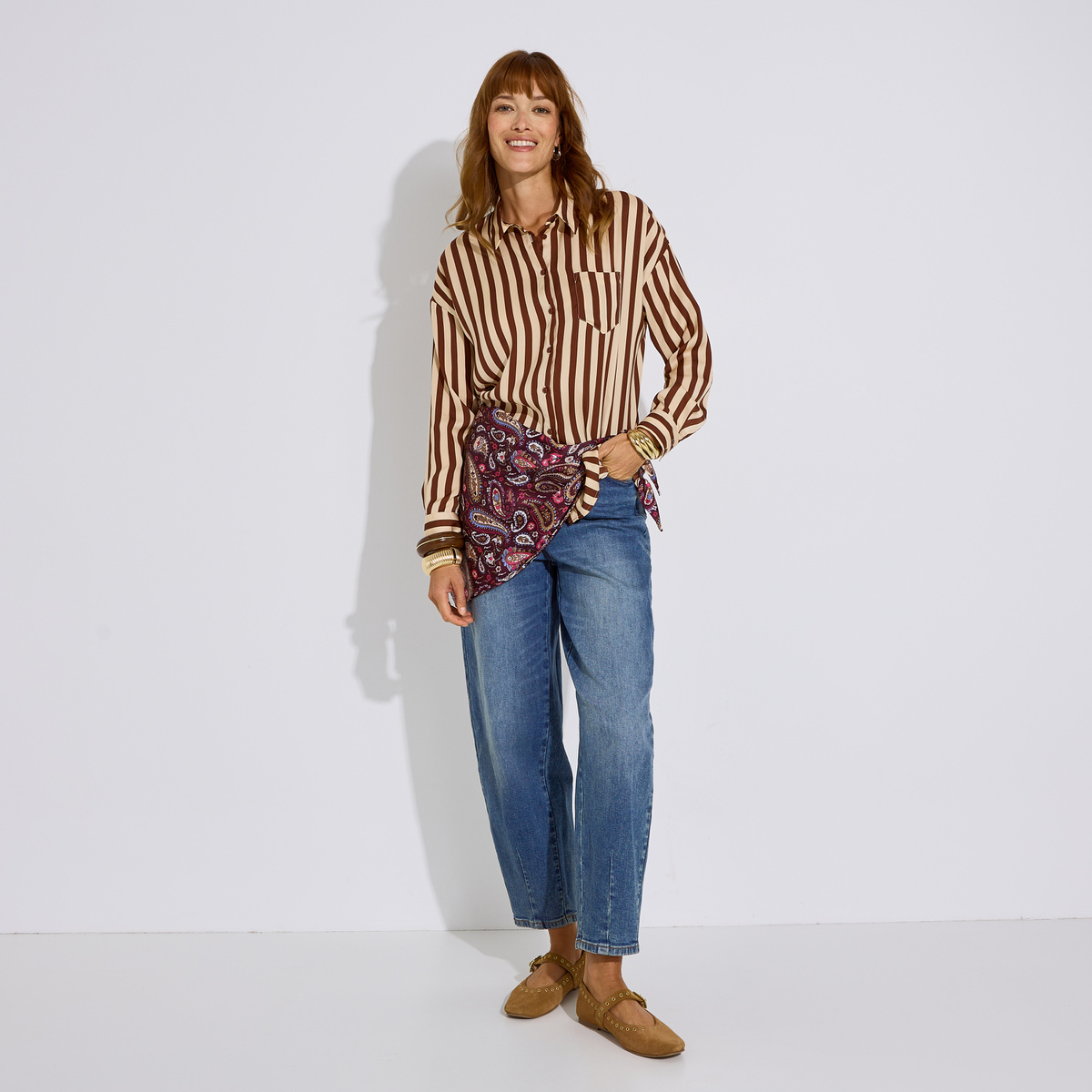 Chemise satinée à rayures marron, GRAIN DE MALICE