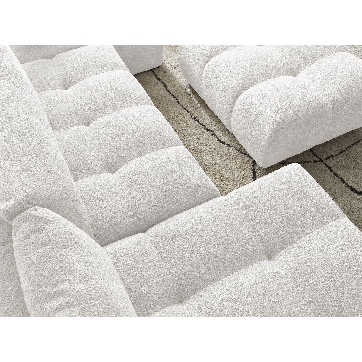 Canapé panoramique fixe 7 places en tissu bouclette avec pouf, ANAKIN blanc, BOBOCHIC