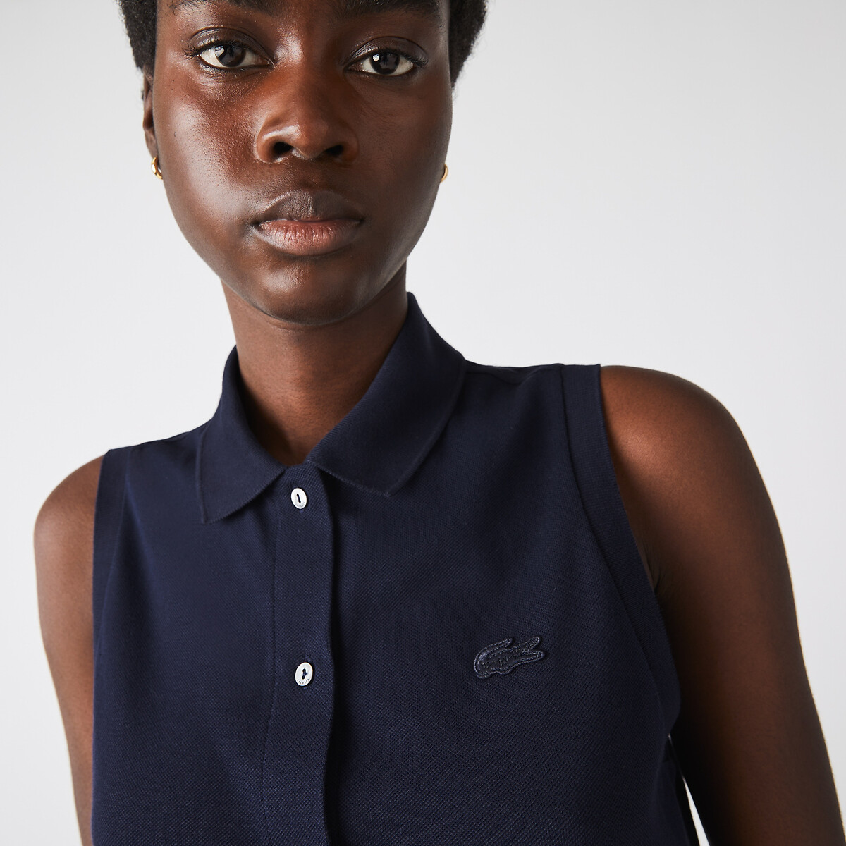 Vestido polo sin mangas de punto piqué de algodón azul marino, LACOSTE