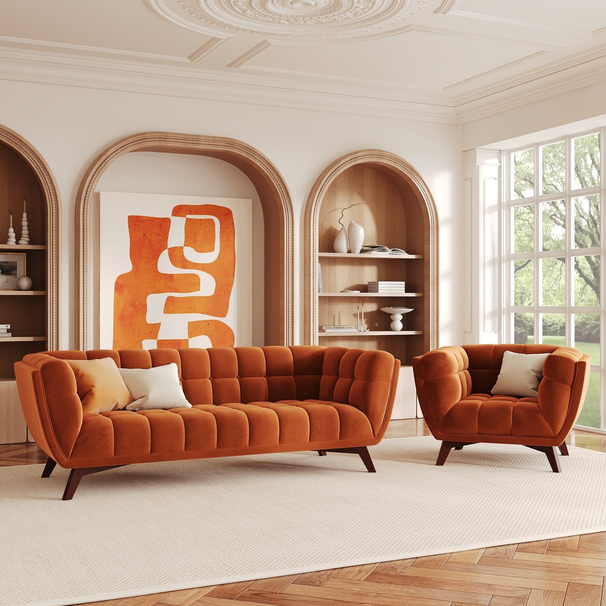 Ensemble canapé et fauteuil en velours 4 places - MONA orange, MAISON PAVANE