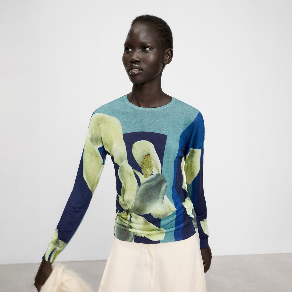 Pull en maille fine imprimée à col rond noir/bleu/vert, ADOLFO DOMINGUEZ