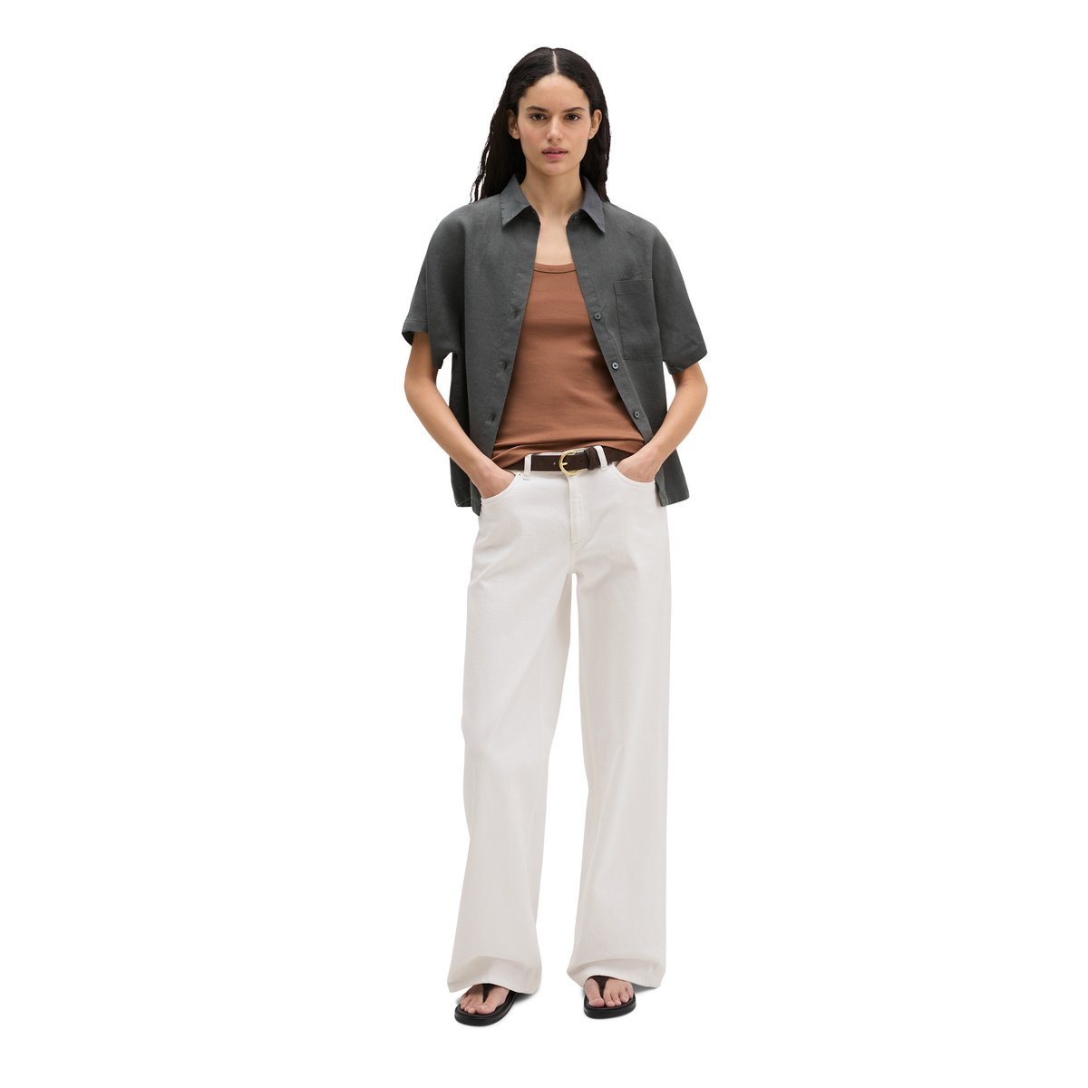 Blouse en lin à manches courtes regular avec de larges plis dans le dos dunkelgrau, MARC O'POLO