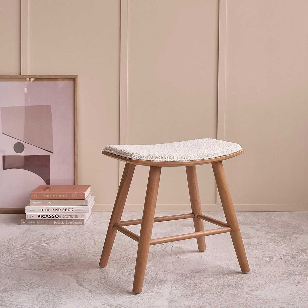 Lot de 2 tabourets en teck massif et bouclette AMBRE ecru, BERAH GETAH