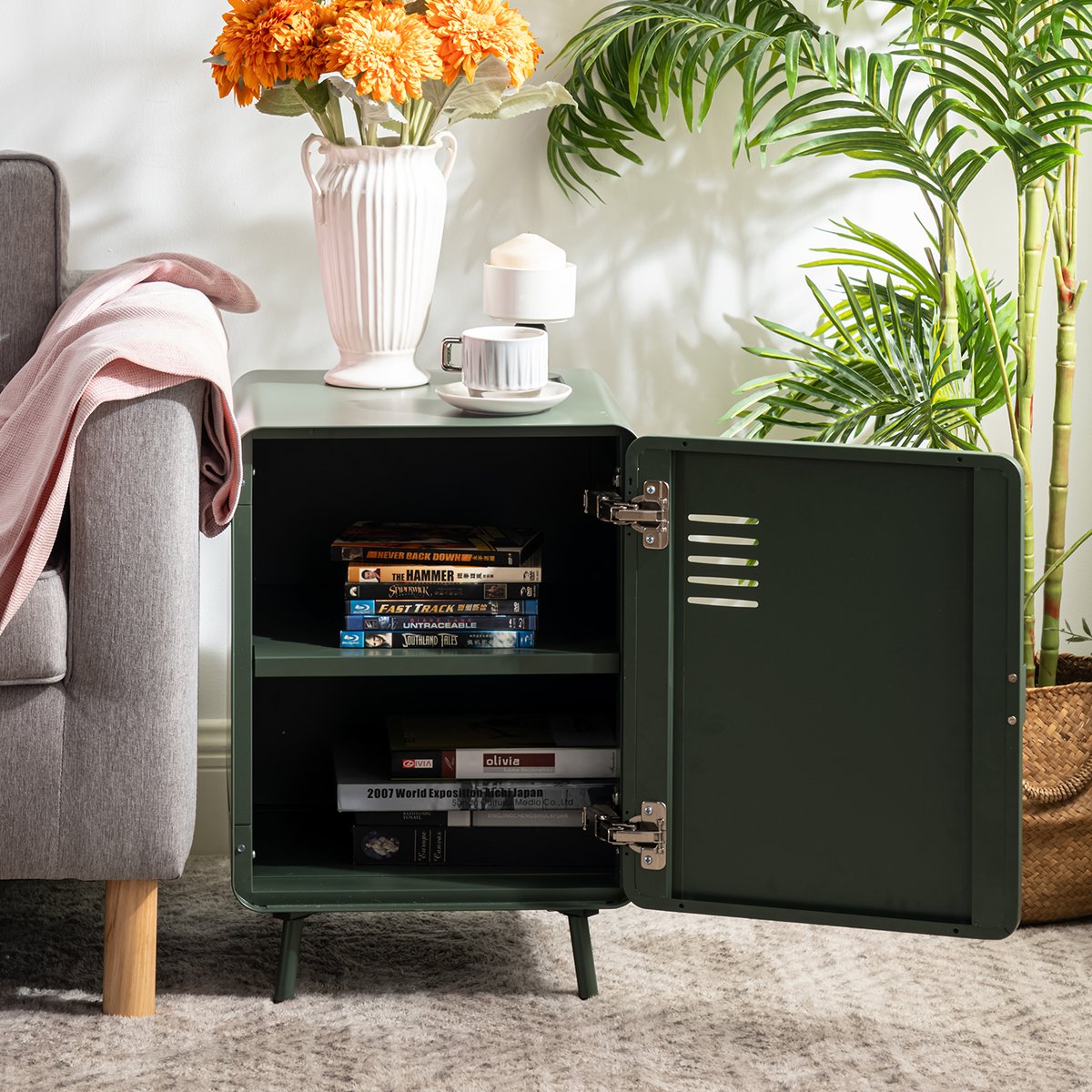 Caisson de bureau avec 1 porte et 2 étagères, WALNUTSTUDY vert foncé, MEUBLES COSY
