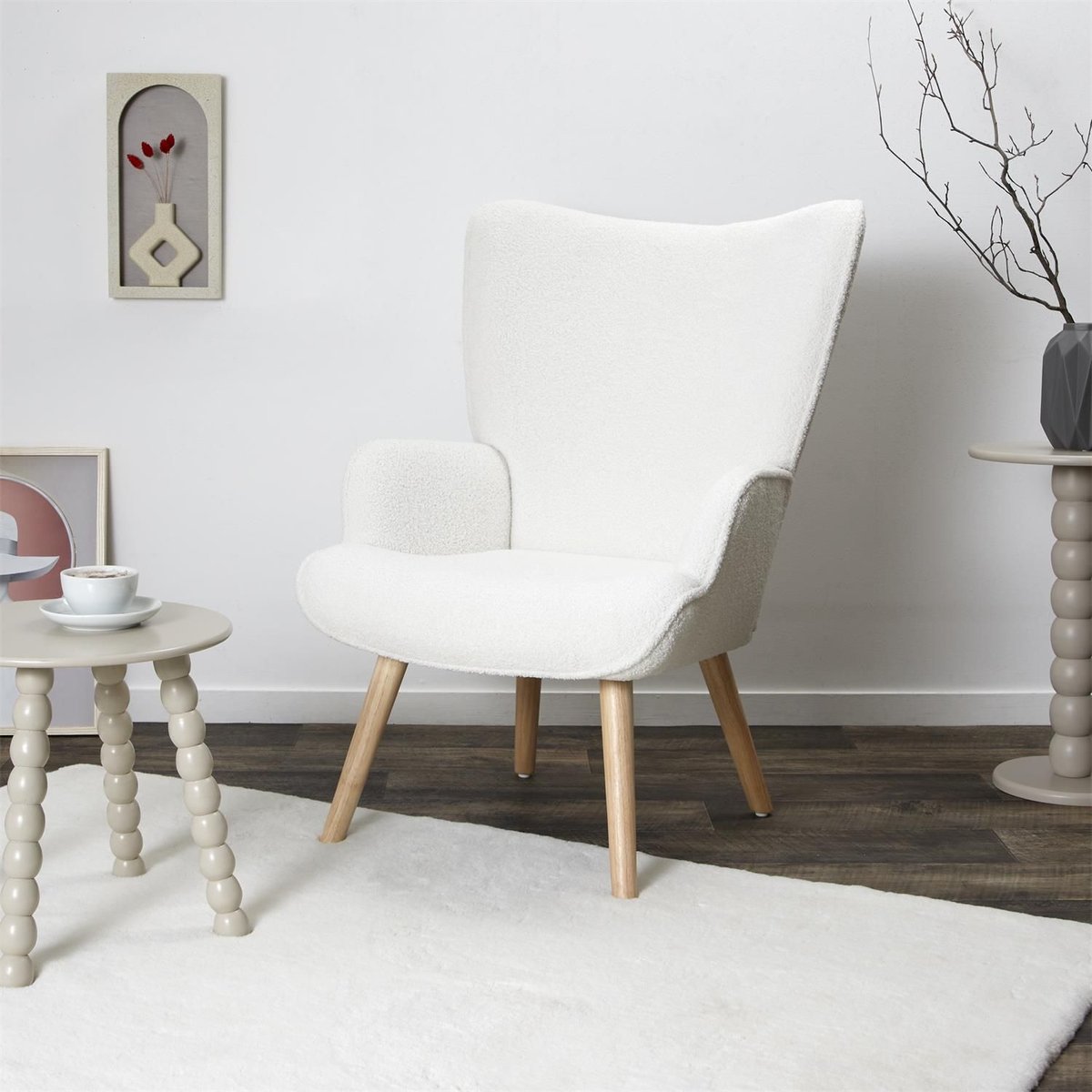 Fauteuil de salon en bouclette RHEA blanc, THE HOME DECO FACTORY