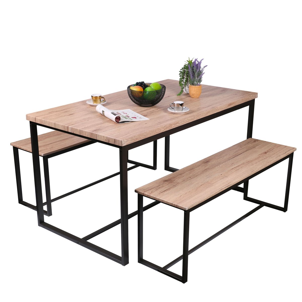 Table à manger avec 2 bancs design industriel DOCK noir, URBAN LIVING