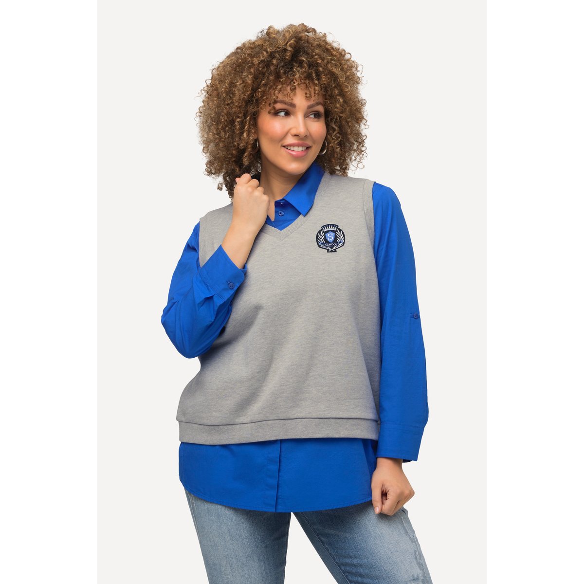 Pull sans manches en molleton à col en V gris clair chiné, ULLA POPKEN