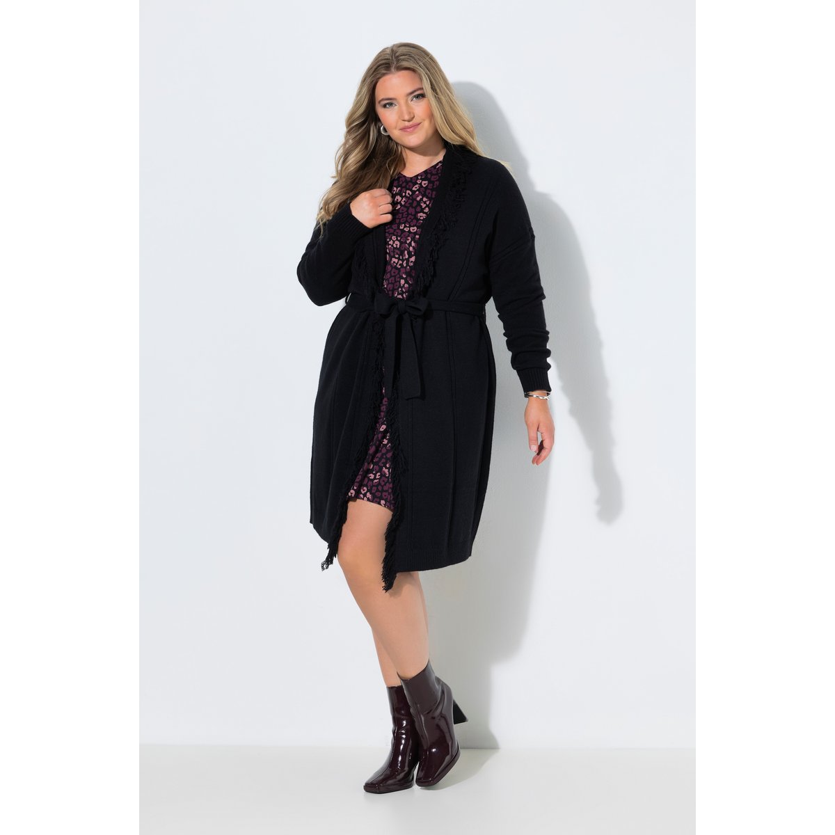 Cardigan long avec franges, coupe oversize noir, ULLA POPKEN