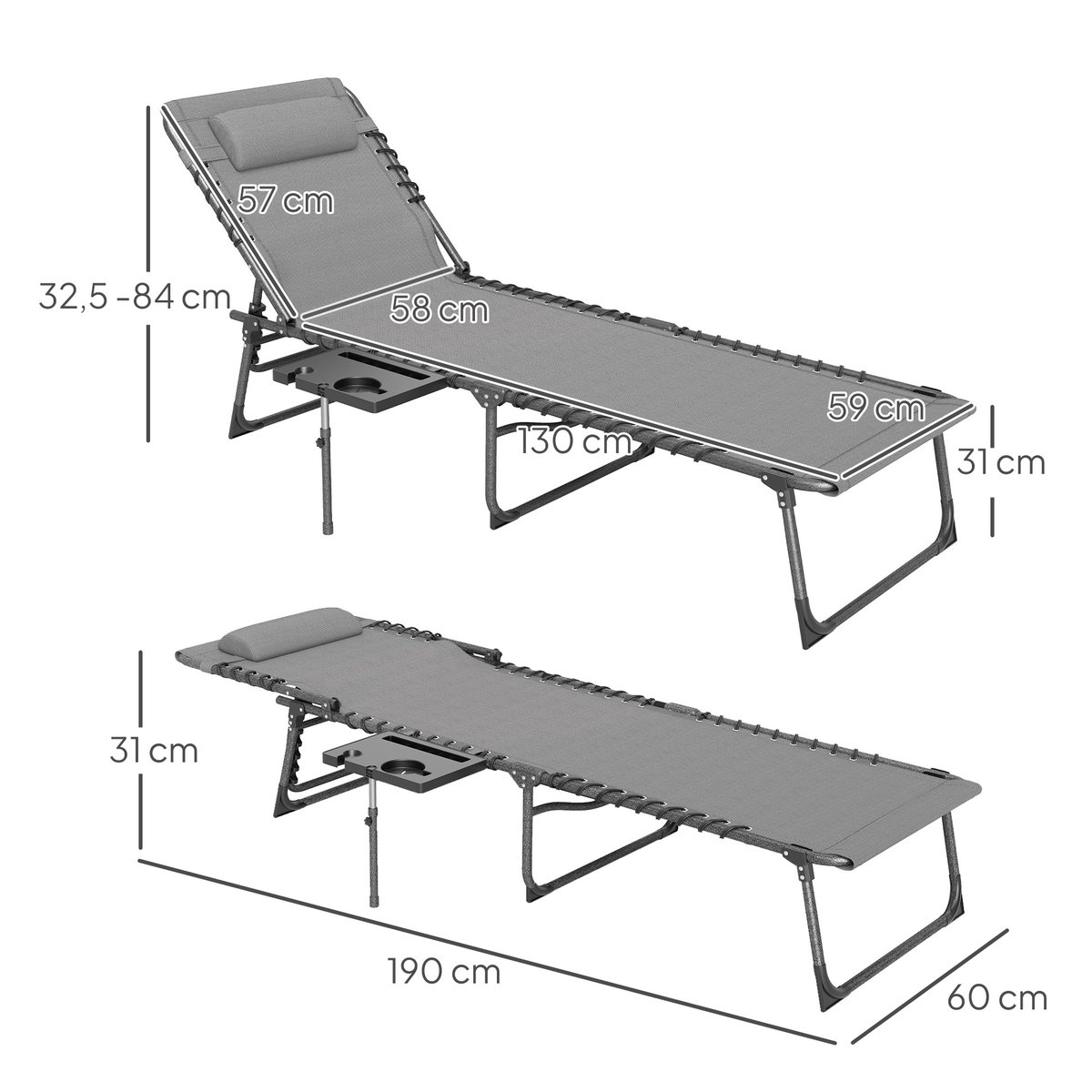 Chaise longue Tissu Oxford Gris gris, OUTSUNNY