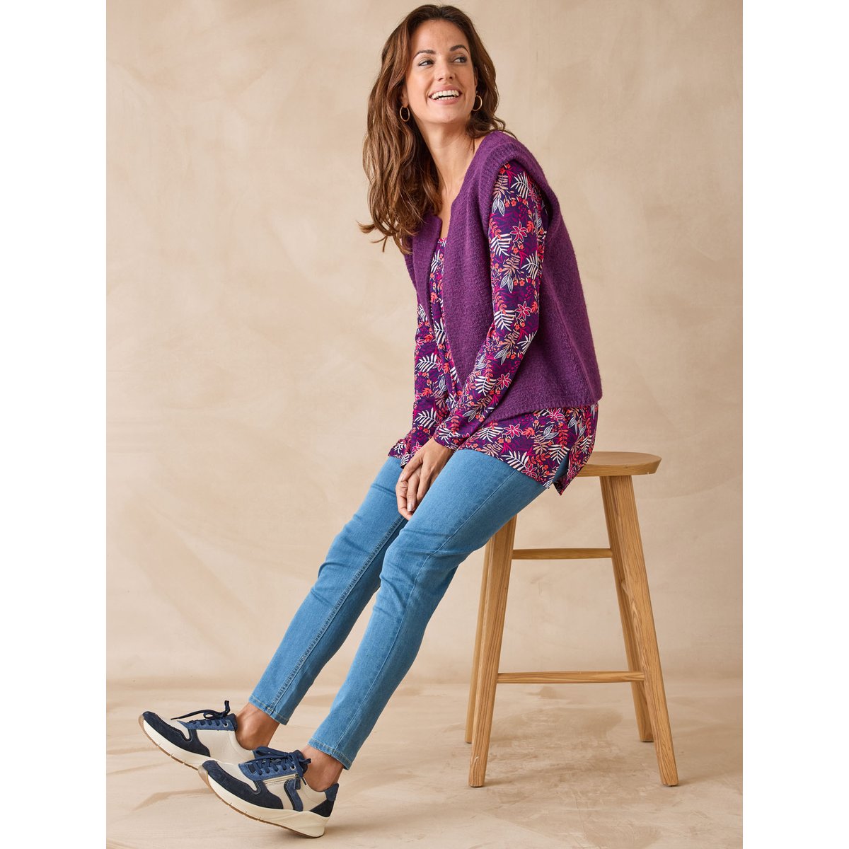 Tunique manches longues extensible imprimé fleuri rose et violet, DAXON