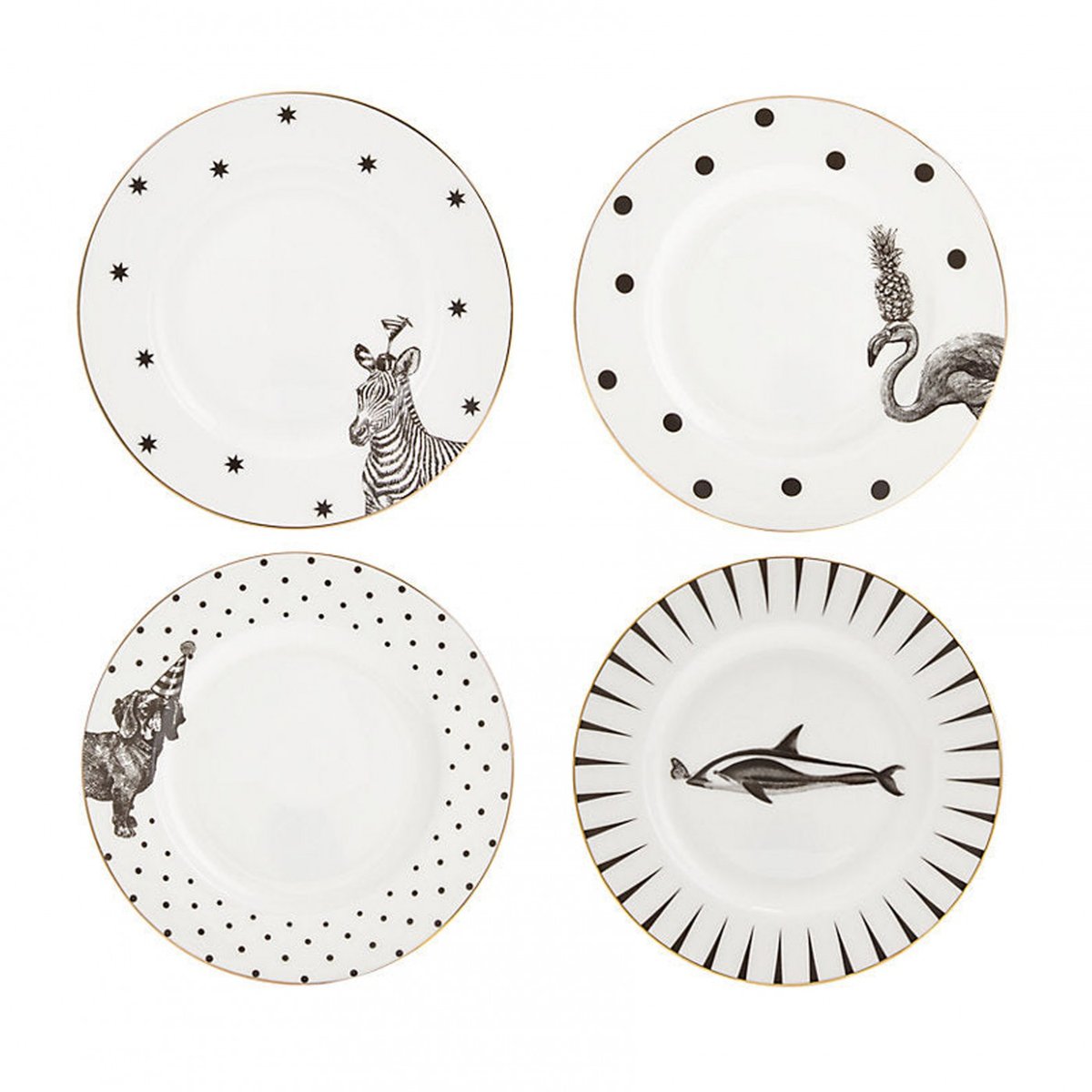 Set 4 Assiettes Mono Party 16cm noir, blanc , détails bords dorés, YVONNE ELLEN