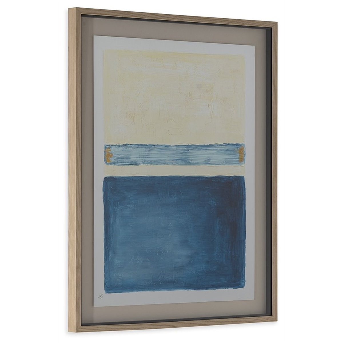 Tableau abstrait encadré verre et bois bleu, blanc et doré, RECOLLECTION