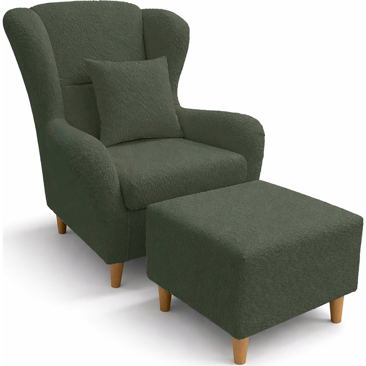 Fauteuil à oreilles chenille et repose-pieds gris clair bouclé alice, RECOLLECTION