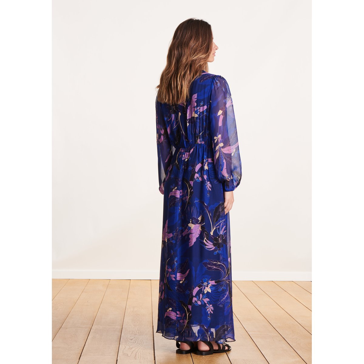 Robe longue en voile viscose/soie à imprimé bleu stone, LA FEE MARABOUTEE
