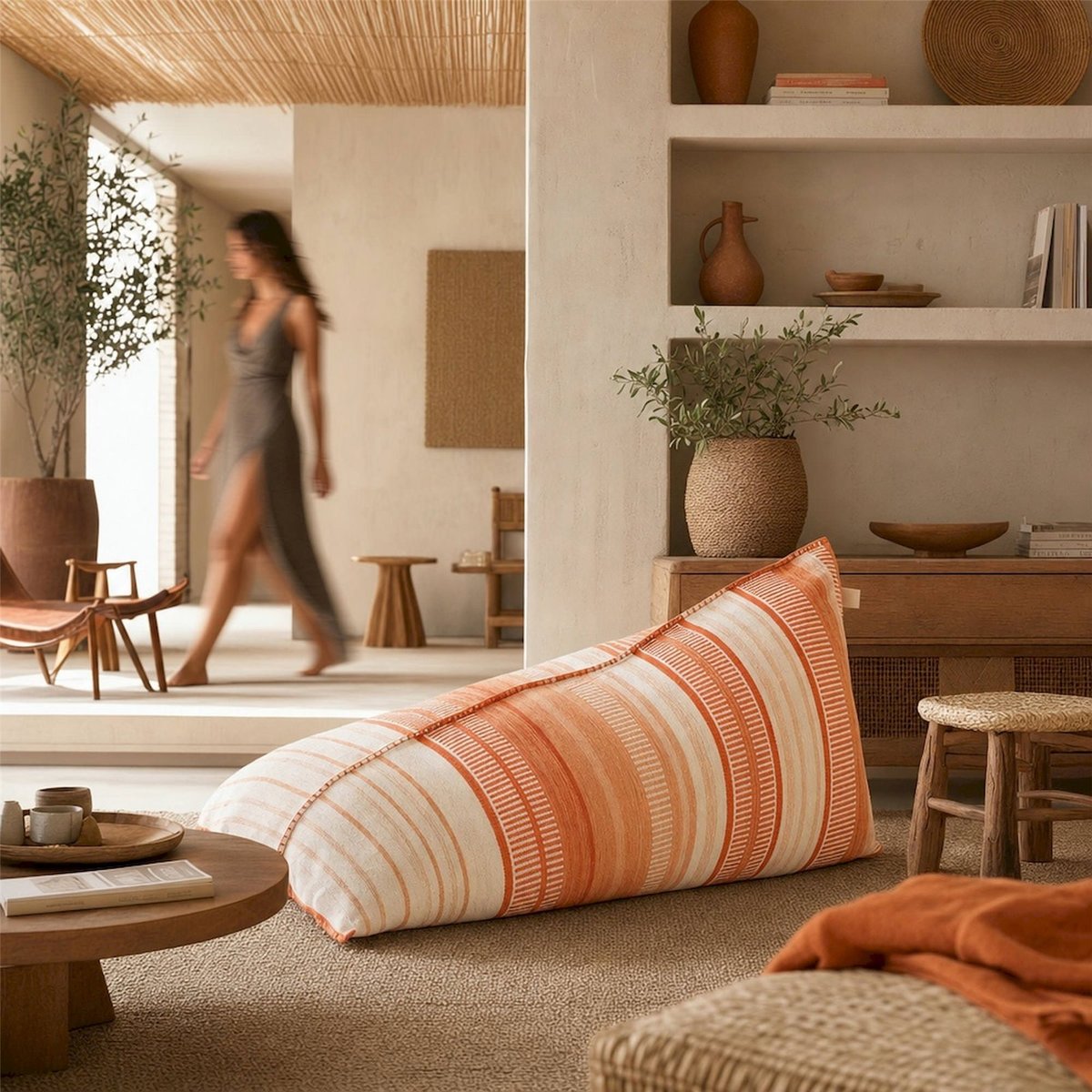 Pouf poire ligné en coton écru et orange foncé, RECOLLECTION