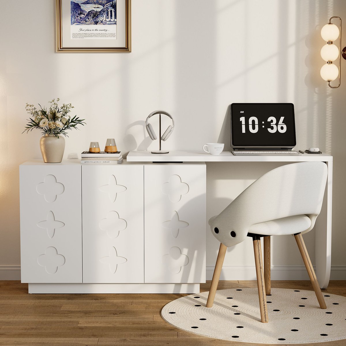 Bureau d’angle rotatif multifonction avec 3 tiroirs et rangement intégré, BABERCA blanc, MEUBLES COSY