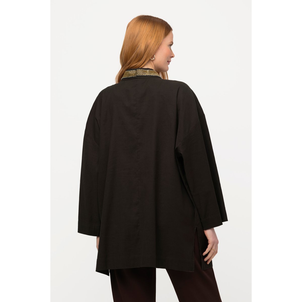 Veste kimono. Col châle. Lin mélangé. Galon marron pin, ULLA POPKEN
