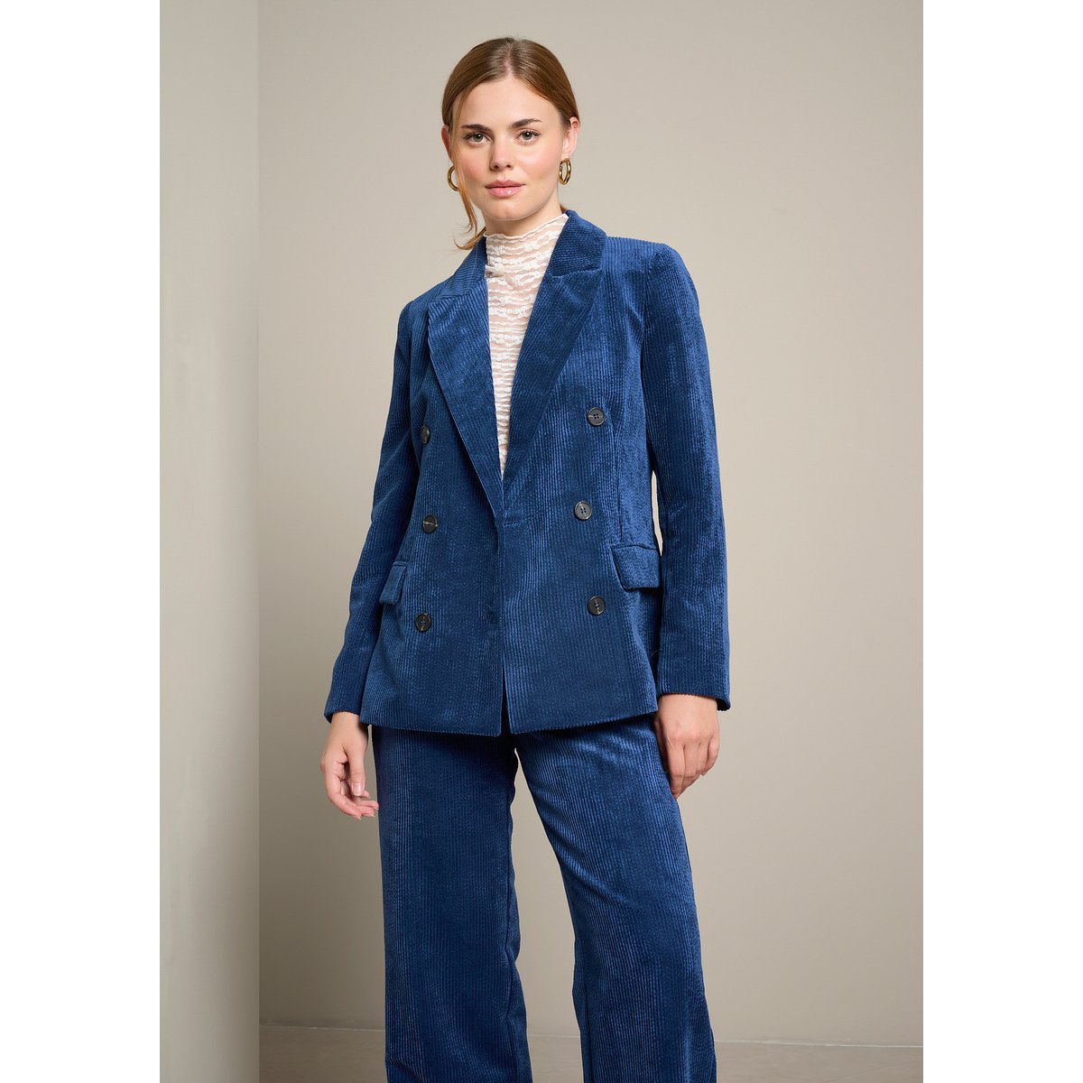 Blazer croisé en velours côtelé bleu marine, LOLALIZA