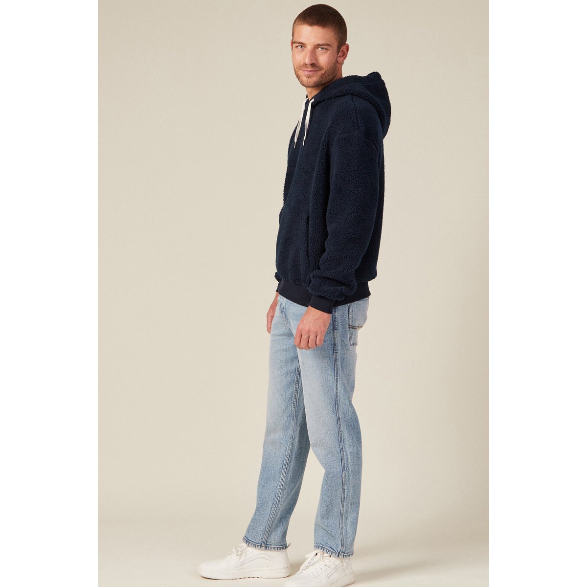 Sweat à capuche sherpa bleu marine, BONOBO