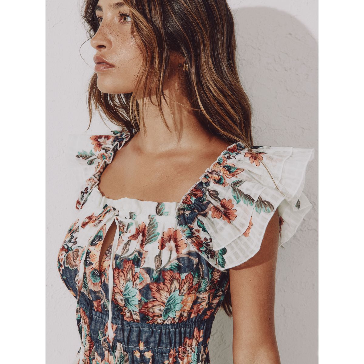Robe à col carré et manches évasées bleu marine/pêche à motifs floraux, NEXT