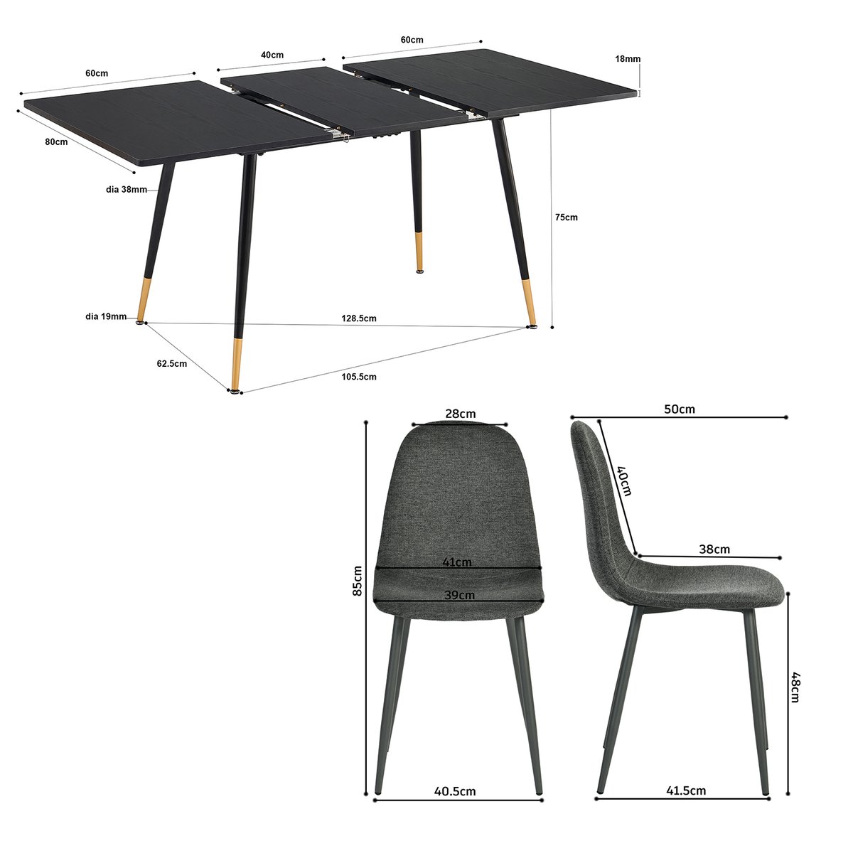 Ensemble de table à manger extensible à allonge avec 4 chaises, WHALENCHARLTON gris foncé, MEUBLES COSY