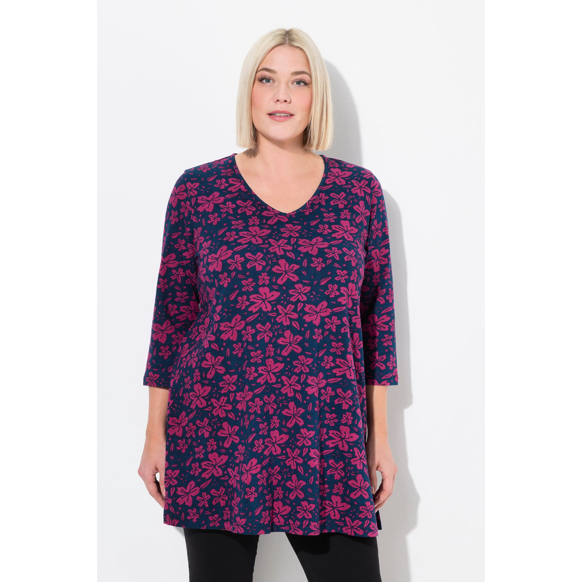 T-shirt motif à fleurs, coupe évasée marine, ULLA POPKEN